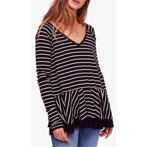 Free People Size XS Black & White Striped Tangerine Peplum Boho V Neck Top